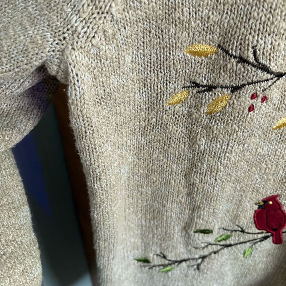 VINTAGE Embroidered Bird Oatmeal Button Down Cardigan Sweater 1X Slouchy Artsy - Picture 12 of 14